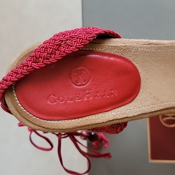 COLE HAAN Lyris Red Macrame Woven Sandal Rope Open Toe Ankle Wrap Cork Heel - Picture 7 of 8